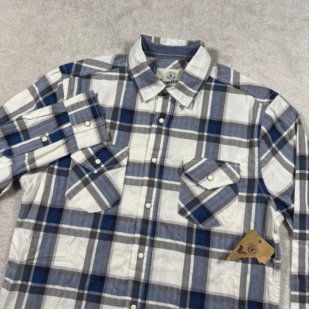 Roebuck & Co Shirt Mens M Blue White Plaid Herringbone Cotton Button Up